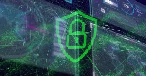 Rendering pixelated green padlocked shield in network with grid, data points and Stock Photos