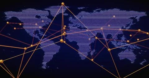 Rendering pixelated world map showing network lines on navy backdrop, glowing Stock Photos