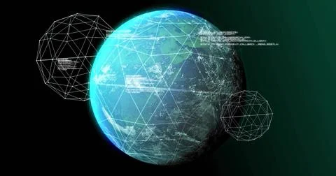 Rendering planet globe with triangular mesh in virtual space, with wireframe Stockillustratie
