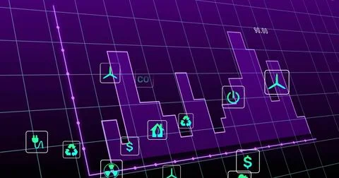 Rendering purple stepped bars and magenta line on 3D dashboard, featuring teal Stock-Illustration