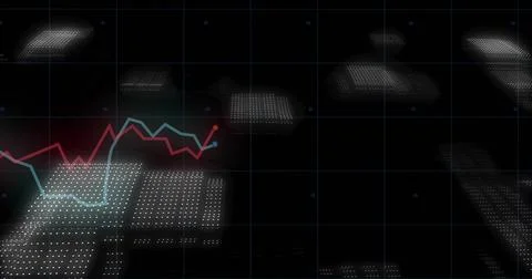 Rendering red and cyan line graph tracing fluctuations on neon-blue grid and 스톡 일러스트