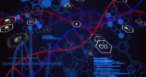 Rendering red-blue DNA helix moving across digital dashboard with hex grid, CO2 Stock Photos