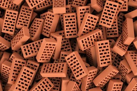Rendering of red face bricks lying together in disorder, top view Stock Illustration