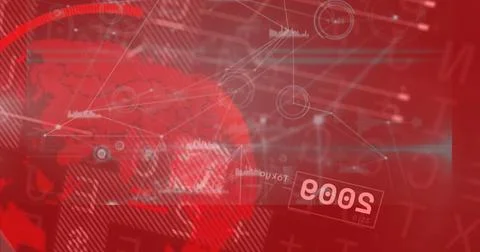 Rendering red globe with network lines and nodes on data panel, displaying Stock Photos