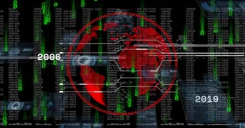Rendering red map spinning in digital HUD, with code streams, tables, lines, イラスト素材