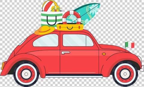 Rendering red vintage car in flat vector loaded with beach tote surfboard on Stock Illustration