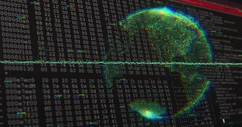 Rendering RGB point-cloud globe on desktop monitor, showing hex dump and イラスト素材