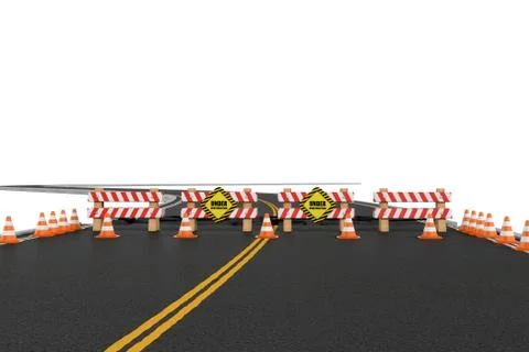 Rendering of road closed with barriers, traffic cones and caution signs due to Ilustración de archivo
