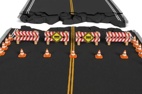 Rendering of road closed with barriers, traffic cones and caution signs due to Stock Illustration