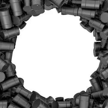 Rendering round frame of black oil barrels on white background Stock Illustration