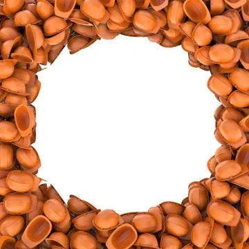Rendering round frame made of orange builder helmets on white background Stock Illustration