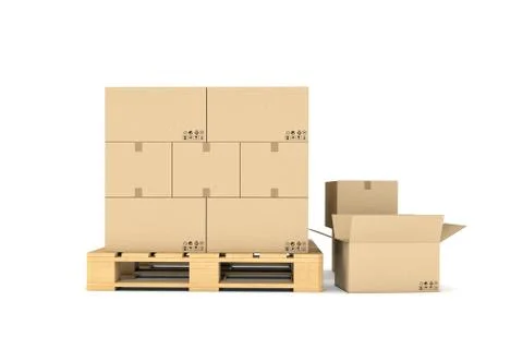 Rendering of several carton boxes stacked evenly on a double-decked pallet Ilustración de archivo