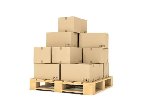 Rendering of several carton boxes stacked evenly on a double-decked pallet Ilustración de archivo