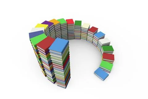 Rendering showing colored hardcover book stacks forming arc and tall columns on Illustrazione stock