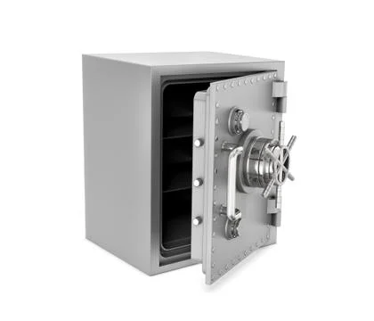 Rendering of steel safe box with open door, isolated on white background Stock Illustration
