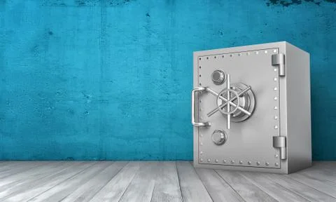 Rendering of steel safe box standing on wooden floor Stock Illustration