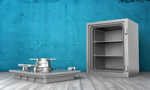 Rendering of steel safe box standing on wooden floor with its cover removed Stock Illustration