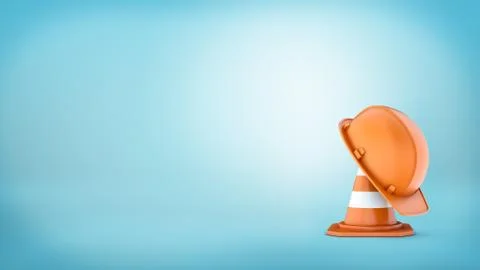 Rendering of striped traffic cone and helmet on it on blue background Stock Illustration