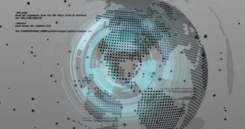 Rendering stylized digital globe over virtual grey interface, with data points 스톡 일러스트