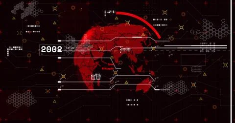 Rendering stylized red eastern-hemisphere map on dark grid display, with network Stock Illustration
