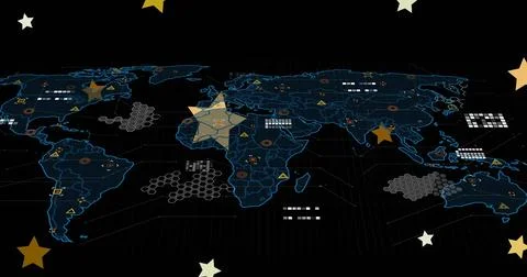 Rendering stylized world map on dark grid dashboard, showing hex clusters, ta Illustrazione stock