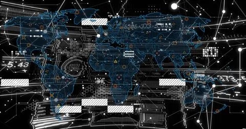 Rendering stylized world map pulsing with circuit-board traces on virtual Stock Illustration