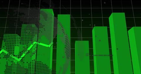 Rendering tall green 3D bars rising in virtual analytics grid, with neon line Stock Illustration