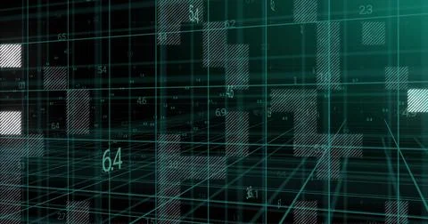 Rendering teal wireframe 3D data grid in virtual space, showing floating cuboids Stock Illustration