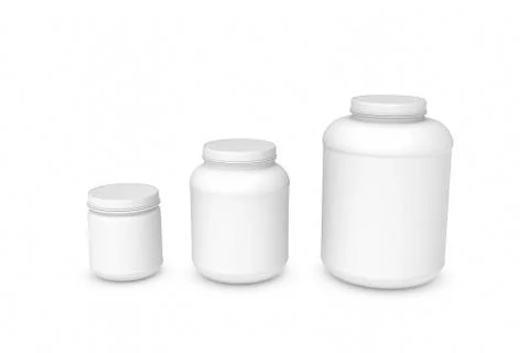 Rendering three blank white plastic jars of different sizes Stock Illustration