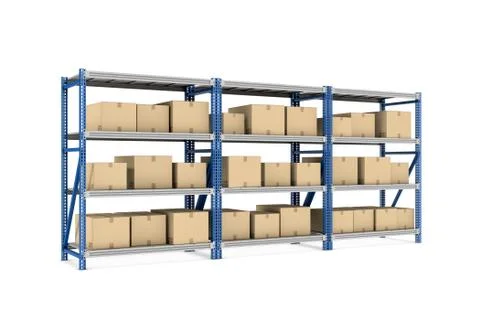 Rendering three metal racks put together with beige cardboard boxes of different Stock Illustration