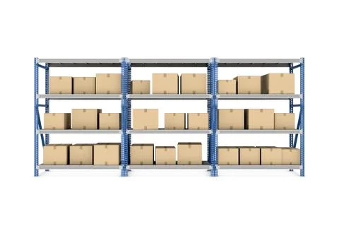 Rendering three metal racks put together with beige cardboard boxes of different Stock Illustration