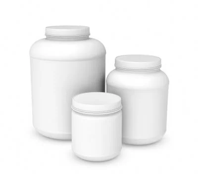 Rendering three white blank plastic jars of different sizes Stock Illustration