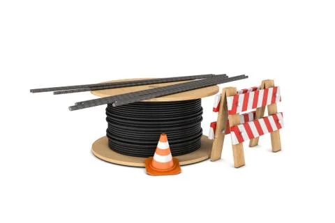 Rendering of traffic cone, fence, cable coiler and several reinforcement bars Stock Illustration