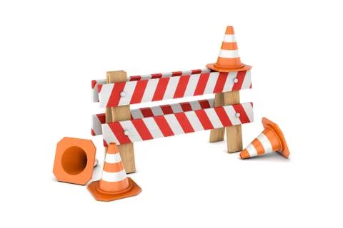 Rendering of traffic cones and 'under construction' barrier isolated on white Stock-Illustration