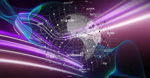 Rendering translucent 3D globe rotating in digital dataverse, showing grid lines Foto stock