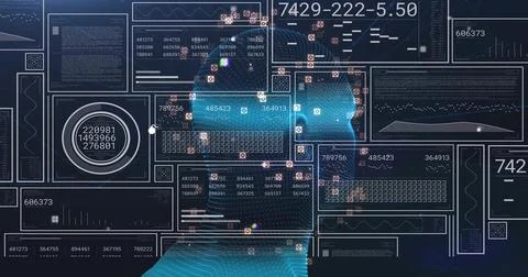 Rendering translucent cyan wireframe head hovering on dark data console, with Foto stock