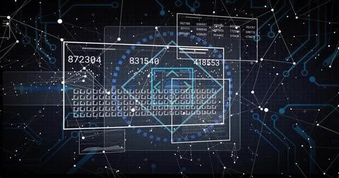Rendering translucent keyboard-like grid with HUD panels, numeric IDs, nodes  Stock Photos