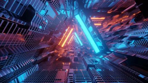 Rendering of trippy triangular hallway illustration in blue and orange colors Ilustração Stock