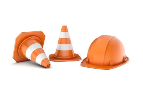 Rendering of two striped road cones and helmet, all isolated on white background Grats Stockgrafik