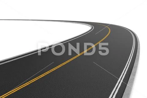 Rendering of two-way road bending to the left on white background Stock Illustration