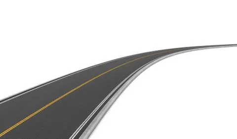 Rendering of two-way road bending to right on white background Stock Illustration