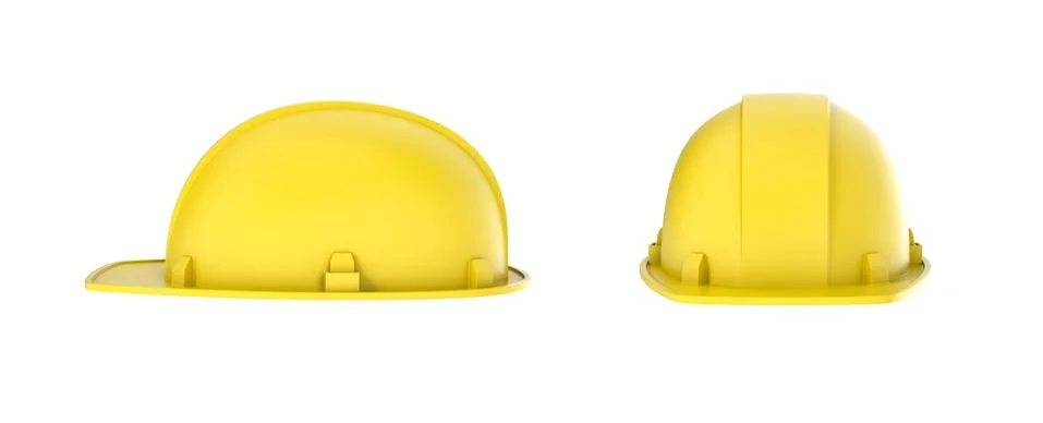 Rendering of two yellow construction helmets, side and front view, isolated on Stock Illustration