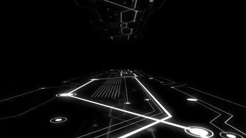 Rendering of virtual sci-fi spaceship platform with glowing network on the floor 스톡 일러스트
