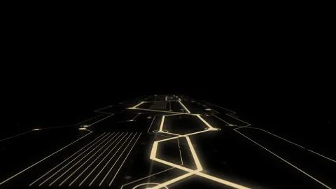 Rendering of virtual sci-fi spaceship platform with glowing network on the floor Illustrazione stock
