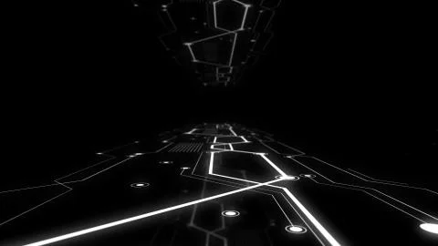 Rendering of virtual sci-fi spaceship platform with glowing network on the floor Stock Illustration