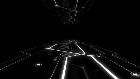 Rendering of virtual sci-fi spaceship platform with glowing network on the floor Illustrazione stock