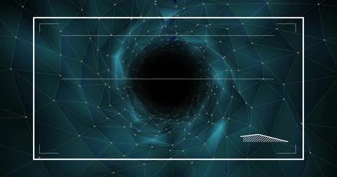 Rendering vortex in virtual tunnel, with glowing mesh nodes, white HUD corner Stock Photos