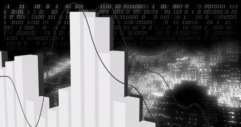 Rendering white 3D bar chart forming in abstract data view, tracing curved black Stock Photos