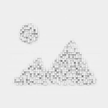 Rendering white mountains and sun icon made up of many square uneven blocks Stock Illustration