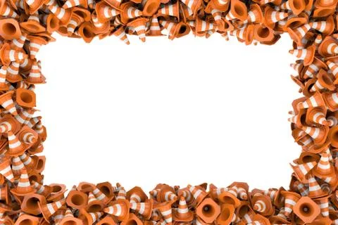 Rendering of white rectangle surrounded by traffic cones, looks like a frame Ilustración de archivo